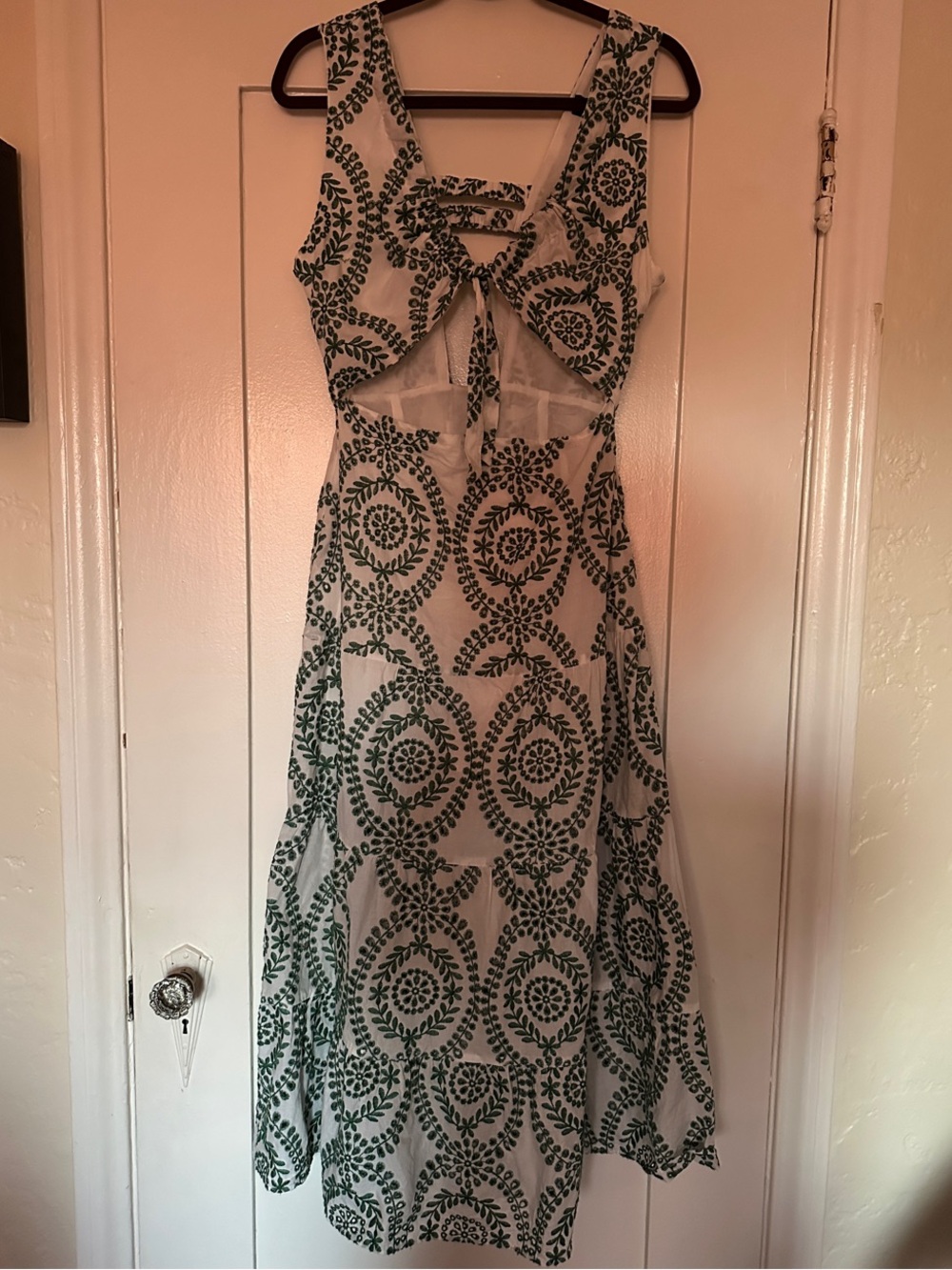 Zara White Embroidered Maxi Dress with Green Medallion Print Size Large